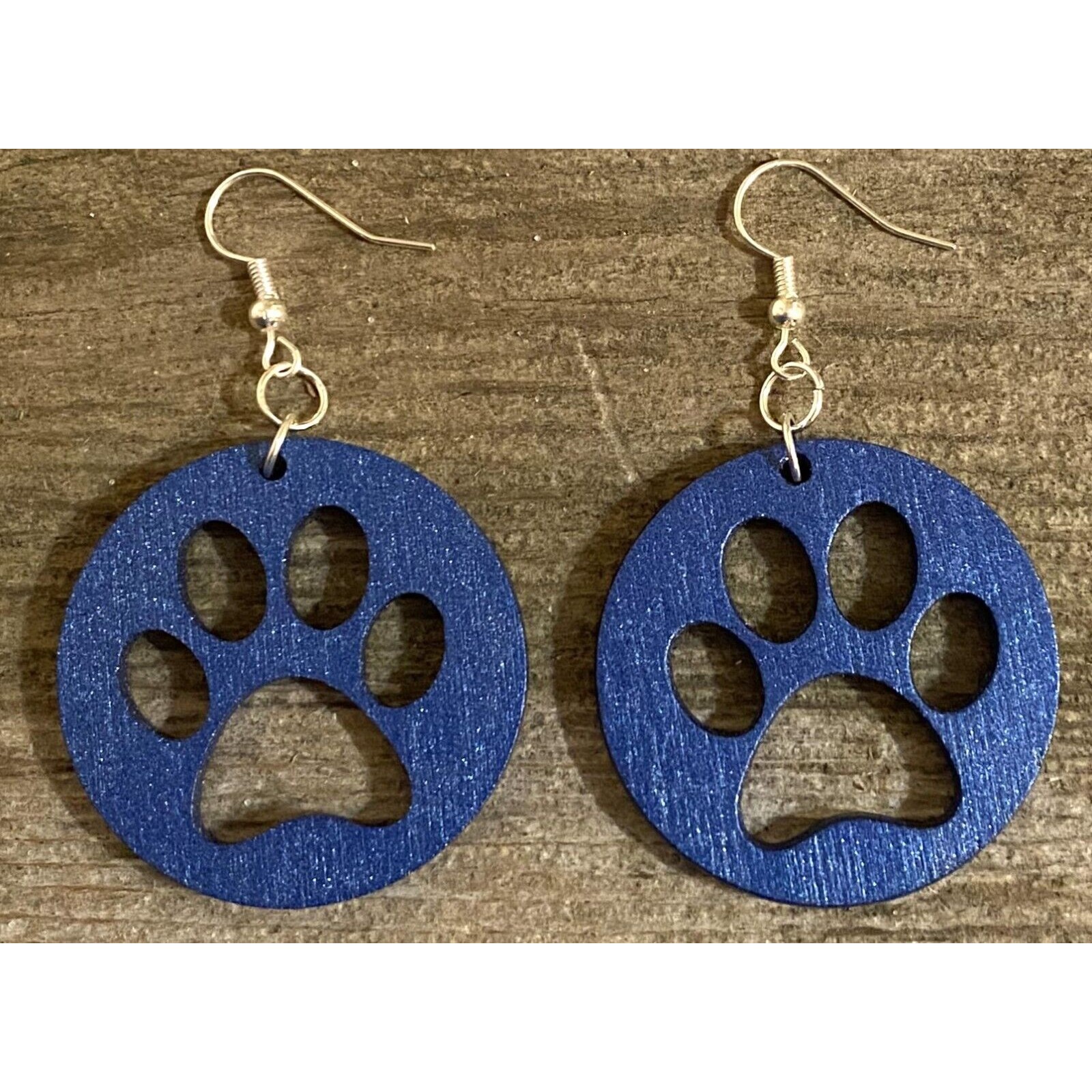 Wood Earrings - 1.5" X 1.5" - Paw Print - Blue Metallic - E009-03